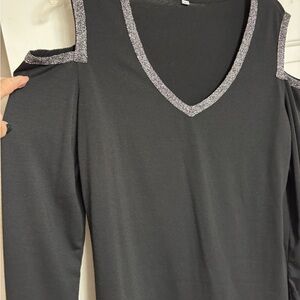 Black Cold Shoulder Top with Silver Accents
